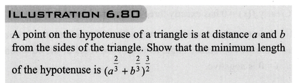 ILLUSTRATION 6.80
A point on the hypotenuse of a triangle is at distance a and b
from the sides of the triangle. Show that the minimum length
2
23
of the hypotenuse is (a³ + b³)2
3