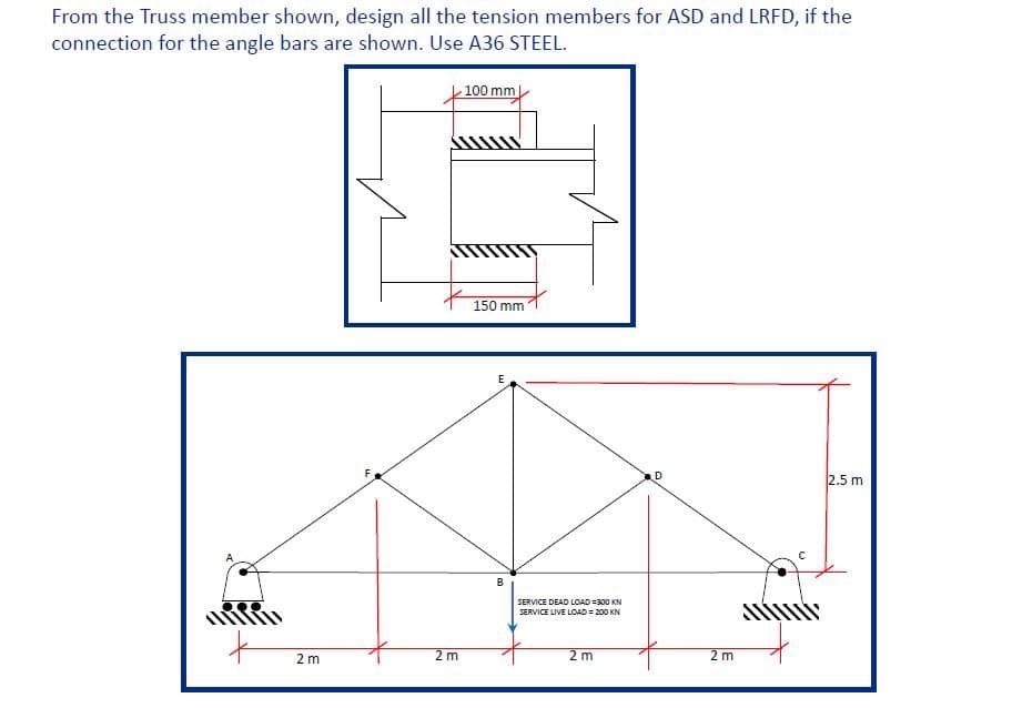 From the Truss member shown, design all the tension members for ASD and LRFD, if the
connection for the angle bars are shown. Use A36 STEEL.
100 mm
150 mm
2.5 m
B
SERVICE DEAD LOAD =300 KN
SERVICE LIVE LOAD = 200 KN
2 m
2 m
2 m
2 m
