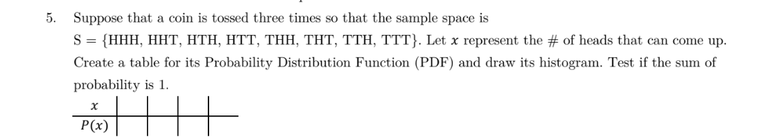 5.
Suppose that a coin is tossed three times so that the sample space is
S = {HHH, HHT, HTH, HTT, THH, THT, TTH, TTT}. Let x represent the # of heads that can come up.
Create a table for its Probability Distribution Function (PDF) and draw its histogram. Test if the sum of
probability is 1.
P(x)
