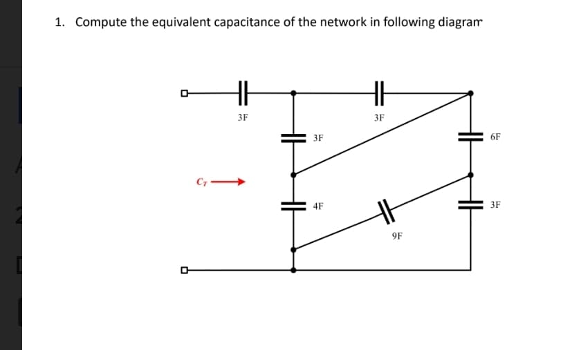 1. Compute the equivalent capacitance of the network in following diagram
3F
3F
3F
6F
4F
3F
9F
