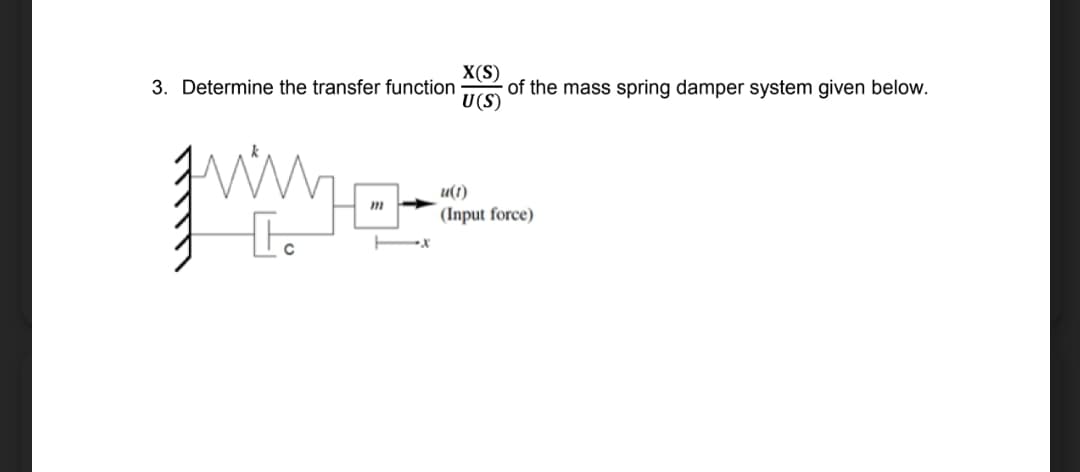3. Determine the transfer function
ww
X(S)
U(S)
of the mass spring damper system given below.
u(1)
(Input force)
