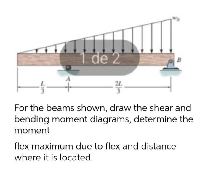 de 2
B
For the beams shown, draw the shear and
bending moment diagrams, determine the
moment
flex maximum due to flex and distance
where it is located.
