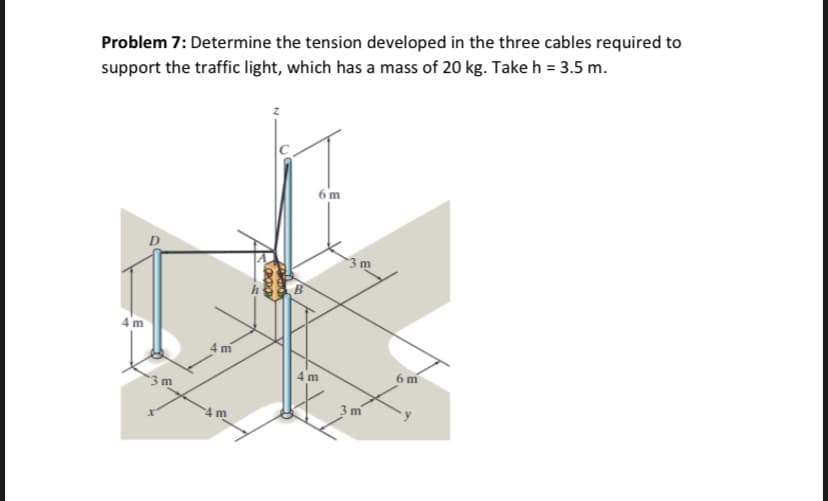 Problem 7: Determine the tension developed in the three cables required to
support the traffic light, which has a mass of 20 kg. Take h = 3.5 m.
4 m
3m
4 m
6 m
4 m
3m
3m
m
