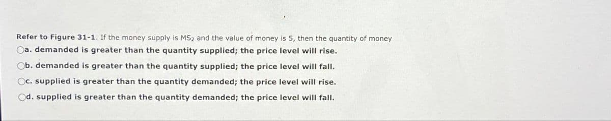 Refer to Figure 31-1. If the money supply is MS2 and the value of money is 5, then the quantity of money
Oa. demanded is greater than the quantity supplied; the price level will rise.
Ob. demanded is greater than the quantity supplied; the price level will fall.
Oc. supplied is greater than the quantity demanded; the price level will rise.
Od. supplied is greater than the quantity demanded; the price level will fall.