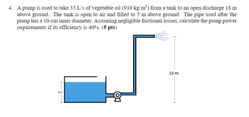 4. A pump is used to take 33 L/s of vegetable oil (910 kg/m³) from a tank to an open discharge 18 m
above ground. The tank is open to air and filled to 5 m above ground. The pipe used after the
pump has a 10-cm inner diameter. Assuming negligible frictional losses, calculate the pump power
requirements if its efficiency is 40%. (5 pts)
5m
18 m