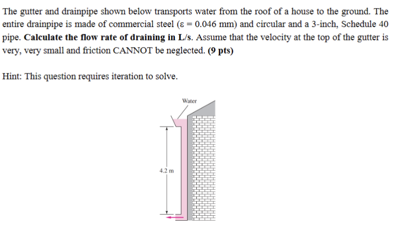 The gutter and drainpipe shown below transports water from the roof of a house to the ground. The
entire drainpipe is made of commercial steel (ε = 0.046 mm) and circular and a 3-inch, Schedule 40
pipe. Calculate the flow rate of draining in L/s. Assume that the velocity at the top of the gutter is
very, very small and friction CANNOT be neglected. (9 pts)
Hint: This question requires iteration to solve.
4.2 m
Water