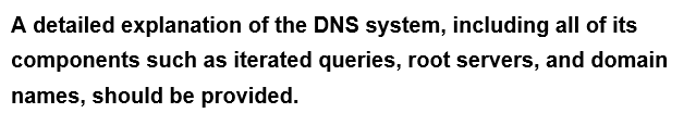 A detailed explanation of the DNS system, including all of its
components such as iterated queries, root servers, and domain
names, should be provided.