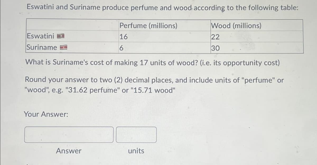Eswatini and Suriname produce perfume and wood according to the following table:
Eswatini
Suriname
Perfume (millions)
16
6
Wood (millions)
22
30
What is Suriname's cost of making 17 units of wood? (i.e. its opportunity cost)
Round your answer to two (2) decimal places, and include units of "perfume" or
"wood", e.g. "31.62 perfume" or "15.71 wood"
Your Answer:
Answer
units