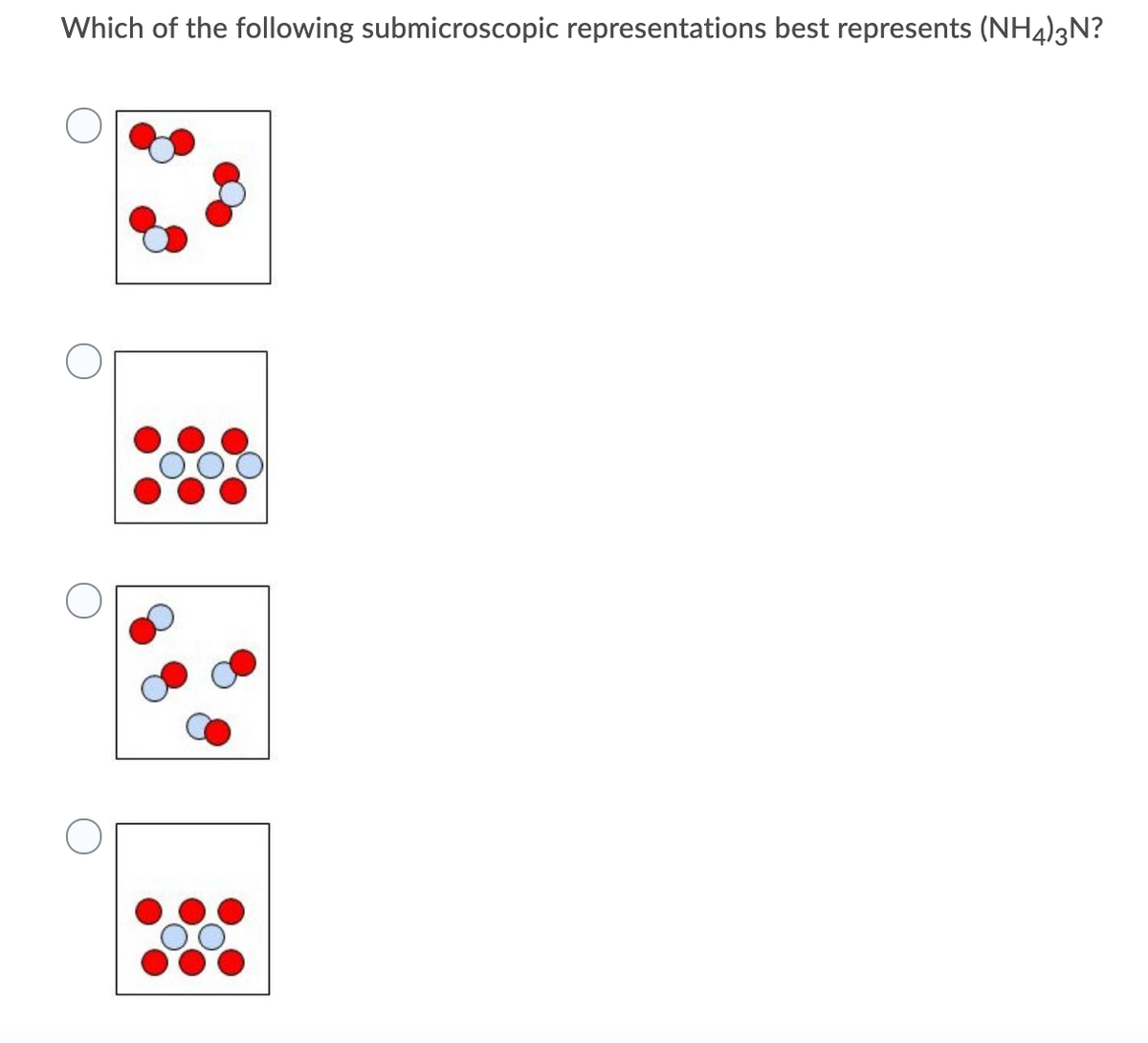 Which of the following submicroscopic representations best represents (NH4)3N?
