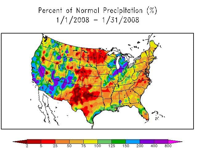 Percent of Normal Precipitation (%)
1/1/2008 - 1/31/2008
2
25
50
75
100
125
150
200
400
800
