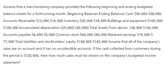 Assume that a merchandising company provided the following beginning and ending budgeted
balance sheets for a forthcoming month: Beginning Balances Ending Balances Cash $30,000 $38,000
Accounts Receivable $13,000 $16,000 Inventory $20,000 $18,000 Buildings and equipment $100,000
$100,000 Accumulated depreciation (25,000) (30,000) Total Assets From above: 138,000 $142,000
Accounts payable $4,000 $5,000 Common stock $60,000 $60,000 Retained earnings $74,000 $
77,000 Total liabilities and stockholders' equity $138,000 $142,000 Assume that all of the company's
sales are on account and it has no uncollectible accounts. If the cash collected from customers during
the period is $120,000, then how much sales must be shown on the company's budgeted income
statement?