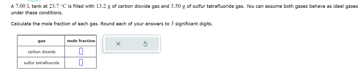 A 7.00 L tank at 23.7 °C is filled with 13.2 g of carbon dioxide gas and 3.50 g of sulfur tetrafluoride gas. You can assume both gases behave as ideal gases
under these conditions.
Calculate the mole fraction of each gas. Round each of your answers to 3 significant digits.
gas
carbon dioxide
sulfur tetrafluoride
mole fraction
X