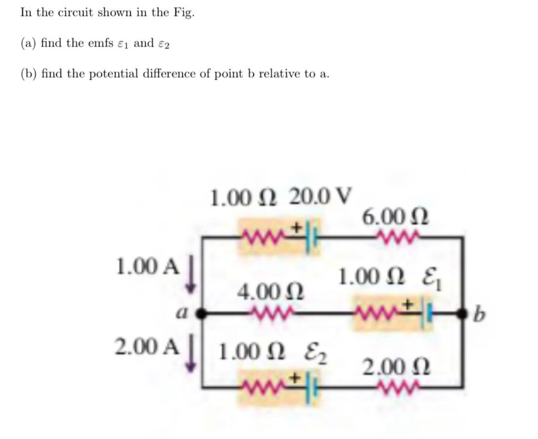 In the circuit shown in the Fig.
(a) find the emfs ɛ1 and E2
(b) find the potential difference of point b relative to a.
1.00 Ω 20.0 V
6.00 N
1.00 A||
1.00 N E
4.00 N
ww
wwb
2.00 A || 1.00N E2
2.00 N
ww
