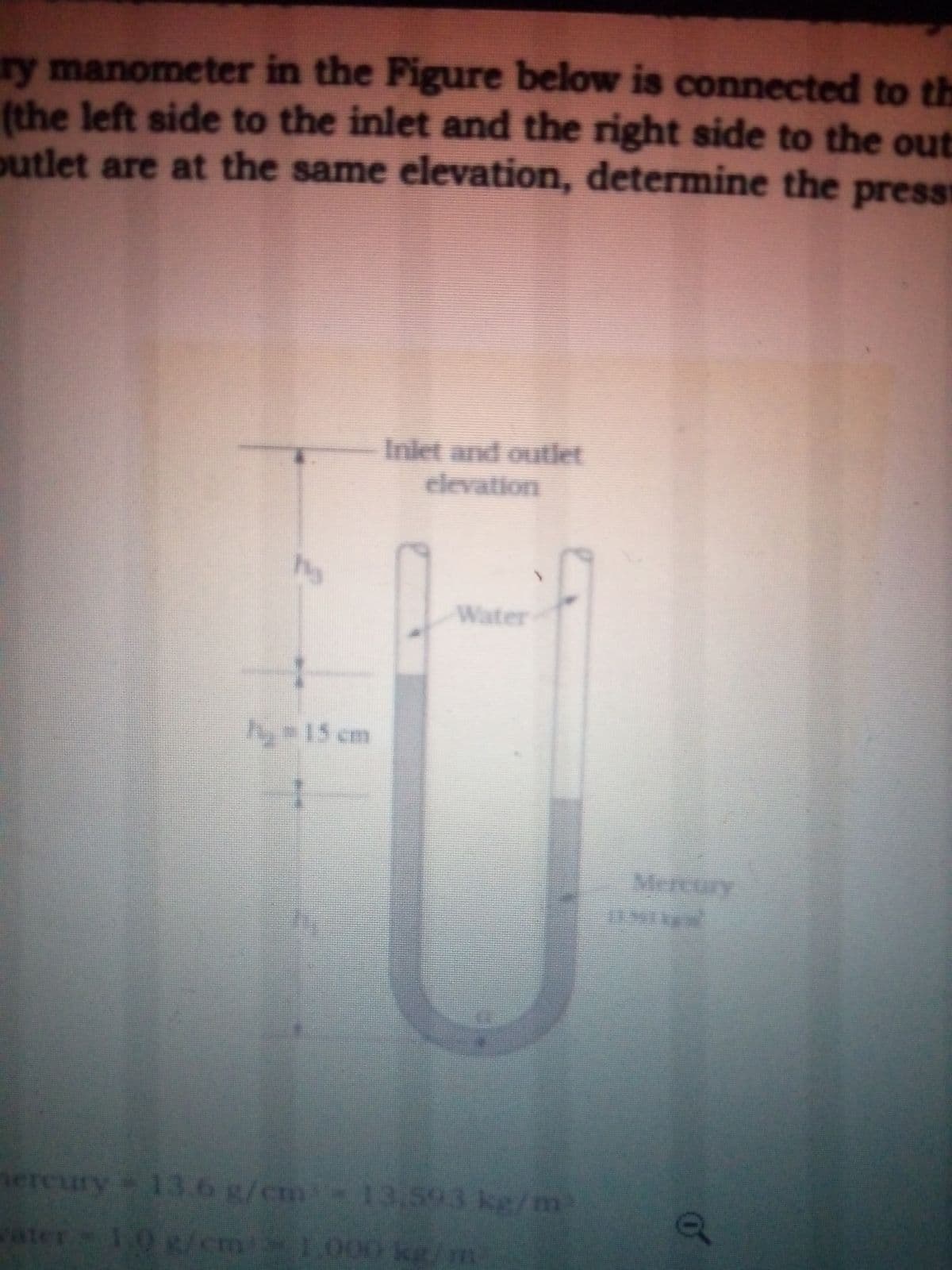 ry manometer in the Figure below is connected to th
(the left side to the inlet and the right side to the out
outlet are at the same elevation, determine the press
Inlet and outlet
elevation
hy
Water
hy-15 cm
Mercury
nercury 13.6g/cm 13,593 kg/n
ater 10 g/em 1.000 kg/m
/
