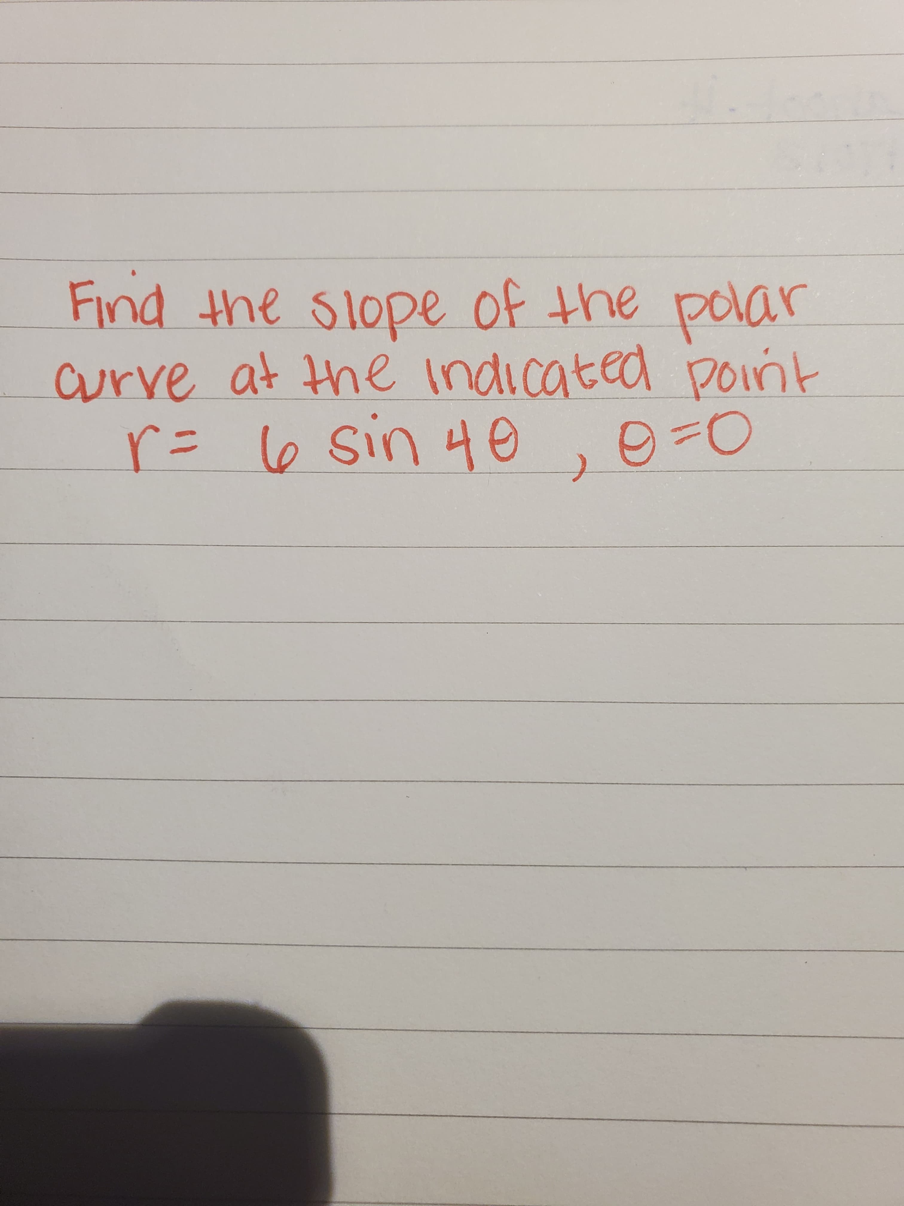Find the Slope of the polar
urve at the indicated pont
r= 6 sin 4e
