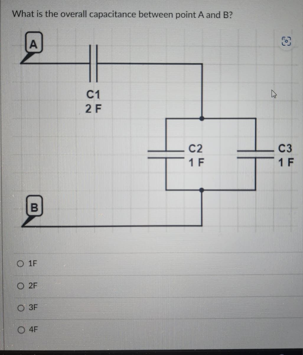 What is the overall capacitance between point A and B?
A
O
B
1F
O2F
3F
4F
C1
2 F
C2
1 F
K
O
C3
1 F
