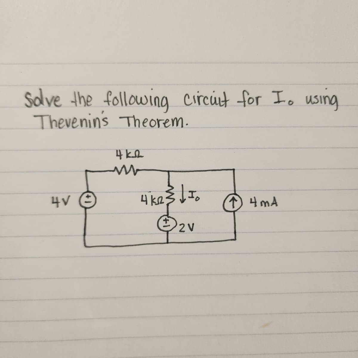 Solve the following circuit for I. using
Thevenin's Theorem.
4v ②
Η ΚΩ
ww
4k2
↑ 4 mA.
2V