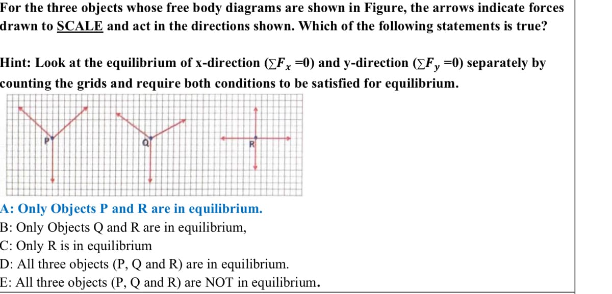 For the three objects whose free body diagrams are shown in Figure, the arrows indicate forces
drawn to SCALE and act in the directions shown. Which of the following statements is true?
Hint: Look at the equilibrium of x-direction ([Fx =0) and y-direction ([F, =0) separately by
counting the grids and require both conditions to be satisfied for equilibrium.
P
a
R
A: Only Objects P and R are in equilibrium.
B: Only Objects Q and R are in equilibrium,
C: Only R is in equilibrium
D: All three objects (P, Q and R) are in equilibrium.
E: All three objects (P, Q and R) are NOT in equilibrium.