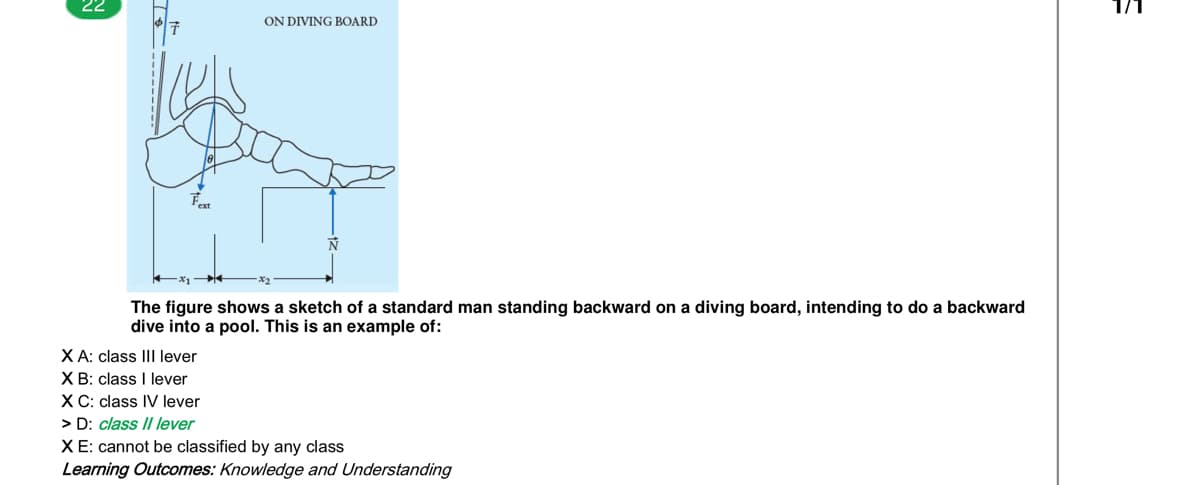 22
ON DIVING BOARD
The figure shows a sketch of a standard man standing backward on a diving board, intending to do a backward
dive into a pool. This is an example of:
X A: class III lever
X B: class I lever
X C: class IV lever
> D: class II lever
XE: cannot be classified by any class
Learning Outcomes: Knowledge and Understanding
