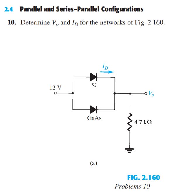 2.4 Parallel and Series-Parallel Configurations
10. Determine V, and Ip for the networks of Fig. 2.160.
12 V
Si
GaAs
(a)
ID
Vo
4.7 ΚΩ
FIG. 2.160
Problems 10