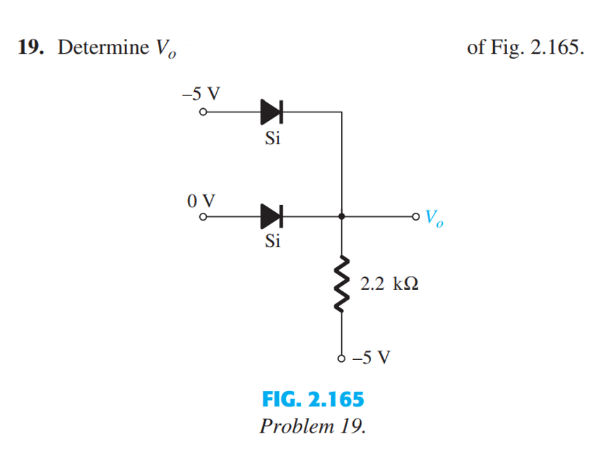 19. Determine Vo
-5 V
OV
Si
Si
2.2 ΚΩ
-5 V
FIG. 2.165
Problem 19.
Vo
of Fig. 2.165.