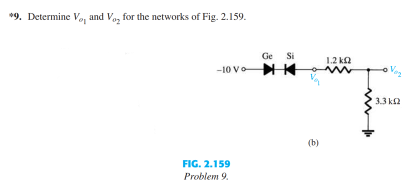 *9. Determine V₁₁ and Vo₂ for the networks of Fig. 2.159.
-10 Vo
FIG. 2.159
Problem 9.
Ge
Si
(b)
1.2 ΚΩ
Voz
' 3.3 ΚΩ