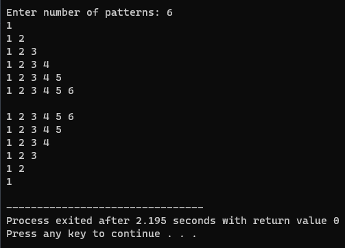 Enter number of patterns: 6
1
12
1 2 3
1 2 3 4
1 2 3 4 5
1 2 3 4 5 6
1 2 3 4 5 6
1 2 3 4 5
1 2 3 4
1 2 3
12
1
Process exited after 2.195 seconds with return value Ⓒ
Press any key to continue . .
