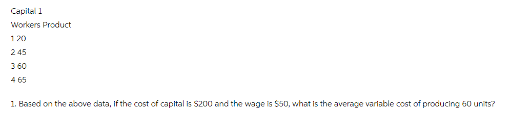 Capital 1
Workers Product
1 20
2 45
3 60
4 65
1. Based on the above data, if the cost of capital is $200 and the wage is $50, what is the average variable cost of producing 60 units?
