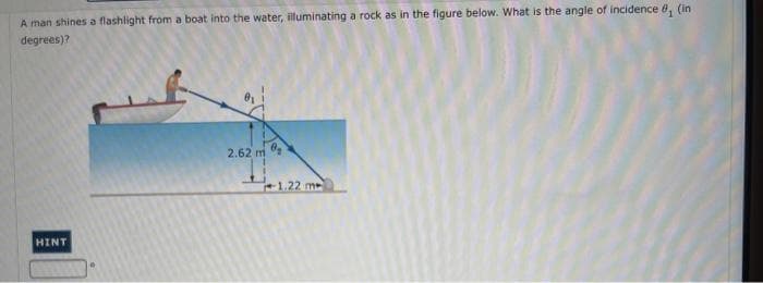 A man shines a flashlight from a boat into the water, illuminating a rock as in the figure below. What is the angle of incidence , (in
degrees)?
2.62 m
H1.22 me
HINT
