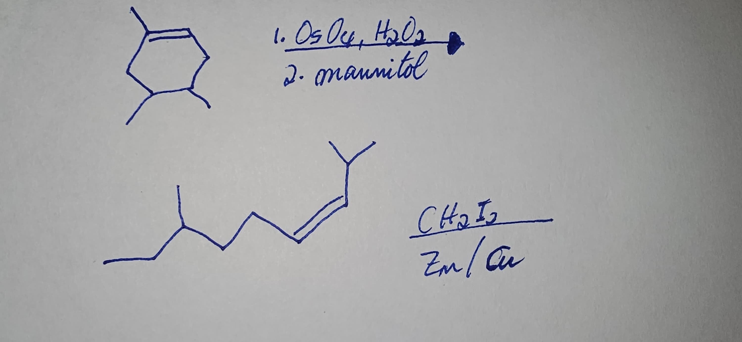 1. Os Oy, H₂O₂
2. mannitol
CH₂I₂
Zm/ar