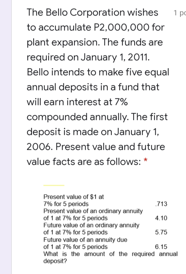 The Bello Corporation wishes
1 po
to accumulate P2,000,000 for
plant expansion. The funds are
required on January 1, 2011.
Bello intends to make five equal
annual deposits in a fund that
will earn interest at 7%
compounded annually. The first
deposit is made on January 1,
2006. Present value and future
value facts are as follows:
Present value of $1 at
7% for 5 periods
Present value of an ordinary annuity
of 1 at 7% for 5 periods
Future value of an ordinary annuity
of 1 at 7% for 5 periods
Future value of an annuity due
of 1 at 7% for 5 periods
What is the amount of the required annual
deposit?
.713
4.10
5.75
6.15
