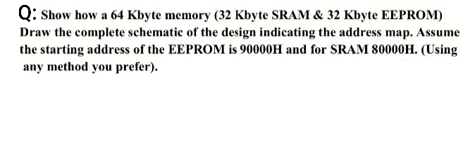 Q: Show how a 64 Kbyte memory (32 Kbyte SRAM & 32 Kbyte EEPROM)
Draw the complete schematic of the design indicating the address map. Assume
the starting address of the EEPROM is 90000H and for SRAM 80000H. (Using
any method you prefer).
