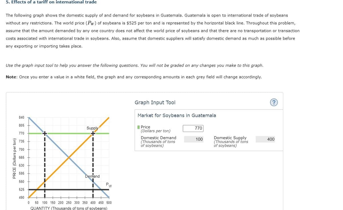 5. Effects of a tariff on international trade
The following graph shows the domestic supply of and demand for soybeans in Guatemala. Guatemala is open to international trade of soybeans
without any restrictions. The world price (Pw) of soybeans is $525 per ton and is represented by the horizontal black line. Throughout this problem,
assume that the amount demanded by any one country does not affect the world price of soybeans and that there are no transportation or transaction
costs associated with international trade in soybeans. Also, assume that domestic suppliers will satisfy domestic demand as much as possible before
any exporting or importing takes place.
Use the graph input tool to help you answer the following questions. You will not be graded on any changes you make to this graph.
Note: Once you enter a value in a white field, the graph and any corresponding amounts in each grey field will change accordingly.
PRICE (Dollars per ton)
840
805
770
735
700
665
630
595
560
525
490
1
Supply
+
Demand
PW
0 50 100 150 200 250 300 350 400 450 500
QUANTITY (Thousands of tons of soybeans)
Graph Input Tool
Market for Soybeans in Guatemala
Price
(Dollars per ton)
Domestic Demand
(Thousands of tons
of soybeans)
770
100
Domestic Supply
(Thousands of tons
of soybeans)
400
