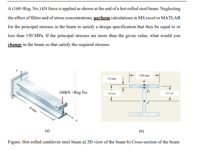 A (160+Reg. No.) kN force is applied as shown at the end of a hot-rolled steel beam. Neglecting
the effect of fillets and of stress concentrations, perform calculations in MS excel or MATLAB
for the principal stresses in the beam to satisfy a design specification that they be equal to or
less than 150 MPa. If the principal stresses are more than the given value, what would you
change in the beam so that satisfy the required stresses.
210 mm
13 mm
a
1035 mm
110 mm
160kN +Reg No.
0.4m
(b)
(a)
Figure: Hot-rolled cantilever steel beam a) 3D view of the beam b) Cross-section of the beam

