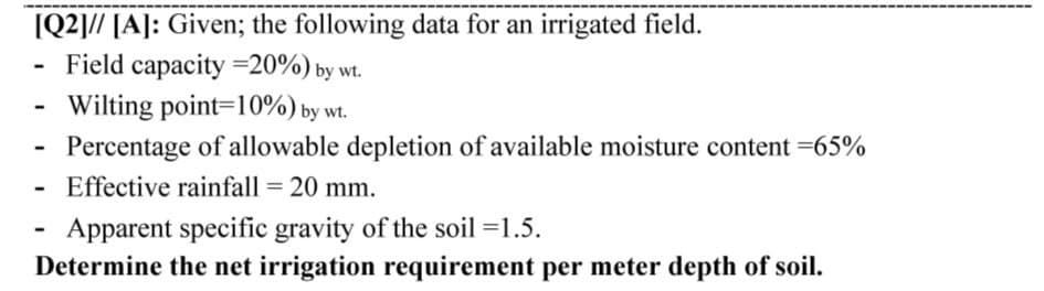 IQ2]// [A]: Given; the following data for an irrigated field.
- Field capacity =20%) by wt.
- Wilting point=10%) by wt.
Percentage of allowable depletion of available moisture content =65%
- Effective rainfall = 20 mm.
Apparent specific gravity of the soil =1.5.
Determine the net irrigation requirement per meter depth of soil.

