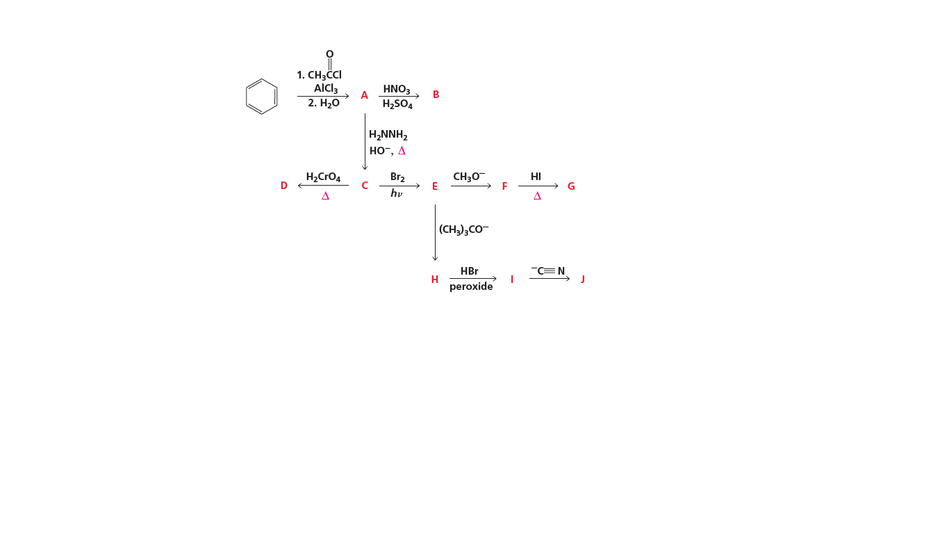 1. CH3CI
AICI3
2. Н,0
HNO3, B
H2SO4
H,NNH2
но", д
H2CrO4
D
Br2
CH30
E
HI
C
F
G
hv
(CH3);CO-
HBr
C=N
peroxide
