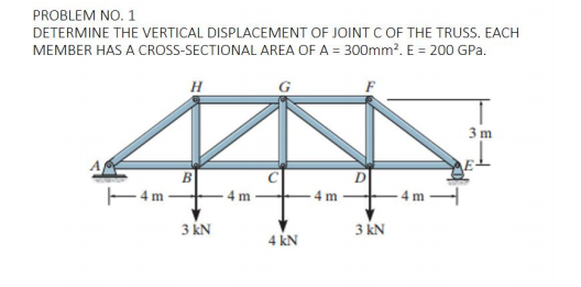 PROBLEM NO. 1
DETERMINE THE VERTICAL DISPLACEMENT OF JOINT C OF THE TRUSS. EACH
MEMBER HAS A CROSS-SECTIONAL AREA OF A = 300mm?. E = 200 GPa.
H
3 m
B
E4m -
D
4 m
- 4 m -
- 4 m
3 KN
3 KN
4 kN
