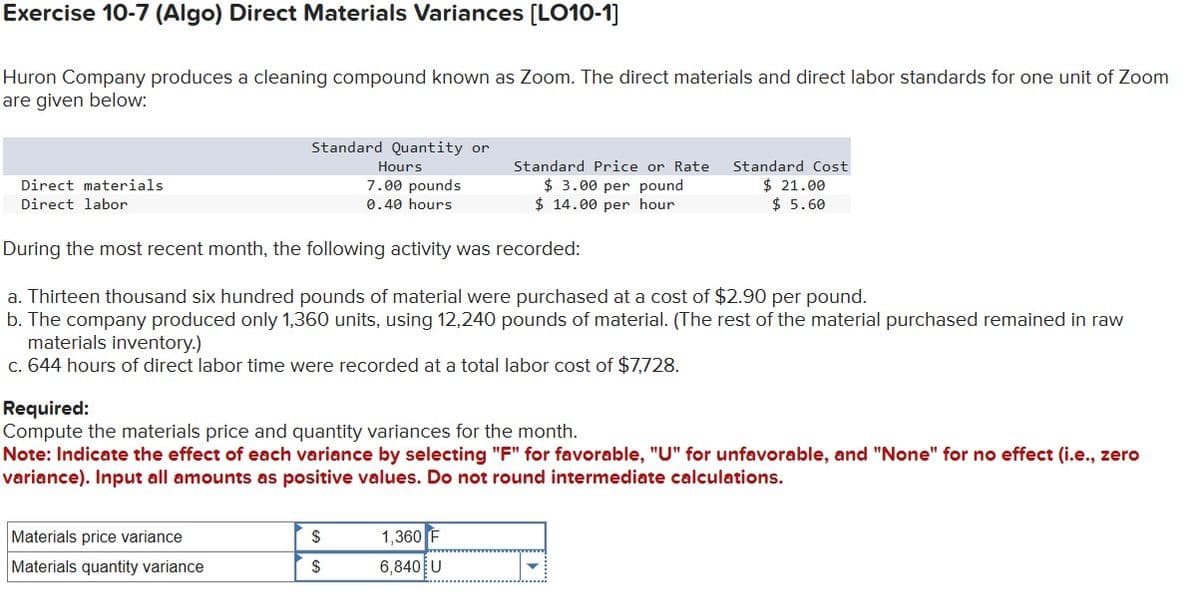 Exercise 10-7 (Algo) Direct Materials Variances [LO10-1]
Huron Company produces a cleaning compound known as Zoom. The direct materials and direct labor standards for one unit of Zoom
are given below:
Direct materials
Direct labor
Standard Quantity or
Hours
7.00 pounds
0.40 hours
Materials price variance
Materials quantity variance
During the most recent month, the following activity was recorded:
a. Thirteen thousand six hundred pounds of material were purchased at a cost of $2.90 per pound.
b. The company produced only 1,360 units, using 12,240 pounds of material. (The rest of the material purchased remained in raw
materials inventory.)
c. 644 hours of direct labor time were recorded at a total labor cost of $7,728.
Standard Price or Rate
$ 3.00 per pound
$14.00 per hour
Required:
Compute the materials price and quantity variances for the month.
Note: Indicate the effect of each variance by selecting "F" for favorable, "U" for unfavorable, and "None" for no effect (i.e., zero
variance). Input all amounts as positive values. Do not round intermediate calculations.
$
$
Standard Cost
$ 21.00
$5.60
1,360 F
6,840 U