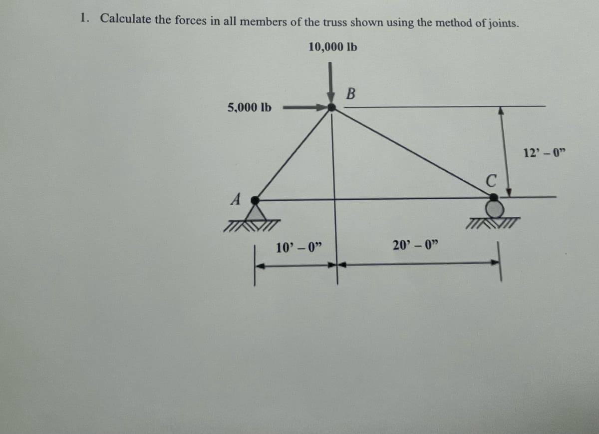 1. Calculate the forces in all members of the truss shown using the method of joints.
10,000 lb
B
5,000 lb
A
10'-0"
20'-0"
12'-0"