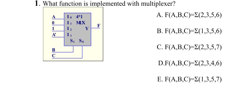 1. What function is implemented with multiplexer?
A
Io 4*1
A. F(A,B,C)=E(2,3,5,6)
I1 MX
I 2
1
Y
B. F(A,B,C)=E(1,3,5,6)
A'
I3
S, So
C. F(A,B,C)=E(2,3,5,7)
C
D.F(A,B,C)=E(2,3,4,6)
E. F(A,B,C)=E(1,3,5,7)
