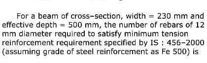 For a beam of cross-section, width = 230 mm and
effective depth = 500 mm, the number of rebars of 12
mm diameter required to satisfy minimum tension
reinforcement requirement specified by IS: 456-2000
(assuming grade of steel reinforcement as Fe 500) is