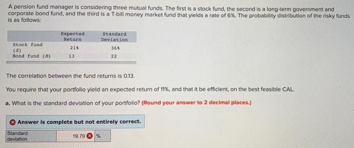 A pension fund manager is considering three mutual funds. The first is a stock fund, the second is a long-term government and
corporate bond fund, and the third is a T-bill money market fund that yields a rate of 6%. The probability distribution of the risky funds
is as follows:
Expected
Return
Standard
Deviation
Stock fund
21
36
(S)
Bond fund (B)
13
22
The correlation between the fund returns is 0.13.
You require that your portfolio yield an expected return of 11%, and that it be efficient, on the best feasible CAL.
a. What is the standard deviation of your portfolio? (Round your answer to 2 decimal places.)
Answer is complete but not entirely correct.
Standard
deviation
19.79
