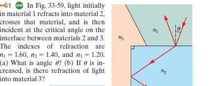 61 Go In Fig. 33-59, light initially
in material 1 refracts into material 2,
crosses that material, and is then
incident at the critical angle on the
interface between materials 2 and 3.
The indexes of refraction are
1 = 1.60, n2 = 1.40, and n3 = 1.20.
(a) What is angle e? (b) If e is in-
creased, is there refraction of light
into material 3?
