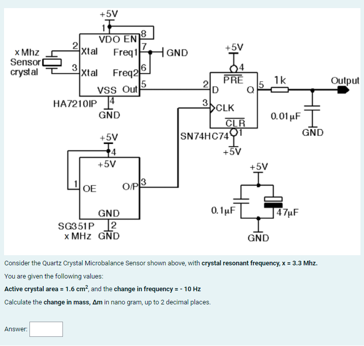 +5V
VDO EN
Xtal
8ה
7
+5V
Freq1
HGND
| GND
х Mhz
Sensor0
crystal
Freq26
5
Vss Out
04
PRE
Xtal
1k
Output
HA7210IP 4
CLK
CLR
SN74HC7491
GND
0.01 μ
GND
+5V
4
+5V
+5V
+5V
OE
O/P3
0. 1µF
| 47µF
GND
SG351P
|2
x MHz GND
GND
Consider the Quartz Crystal Microbalance Sensor shown above, with crystal resonant frequency, x = 3.3 Mhz.
You are given the following values:
Active crystal area = 1.6 cm², and the change in frequency = - 10 Hz
Calculate the change in mass, Am in nano gram, up to 2 decimal places.
Answer:
