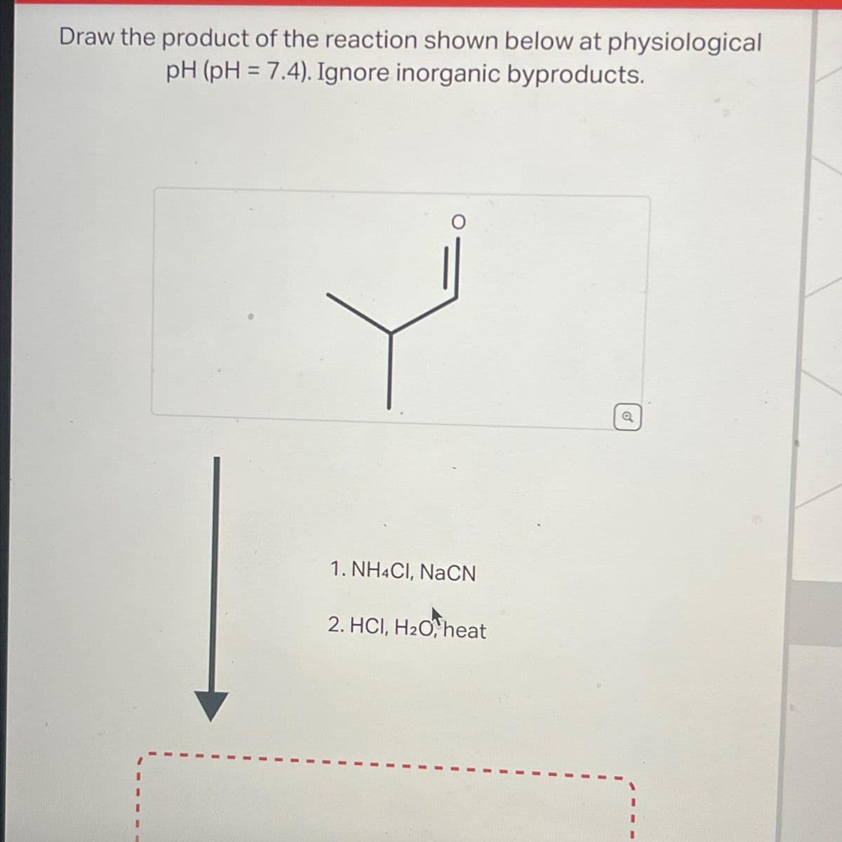 Draw the product of the reaction shown below at physiological
pH (pH = 7.4). Ignore inorganic byproducts.
I
1. NH4Cl, NaCN
2. HCI, H₂O, heat
I
I
I
Q