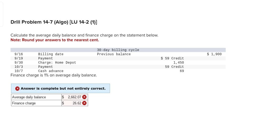 Drill Problem 14-7 (Algo) [LU 14-2 (1)]
Calculate the average daily balance and finance charge on the statement below.
Note: Round your answers to the nearest cent.
9/16
9/19
Billing date
Payment
9/30
10/3
Charge: Home Depot
Payment
10/7
Cash advance
Finance charge is 1% on average daily balance.
30-day billing cycle
Previous balance
Answer is complete but not entirely correct.
Average daily balance
Finance charge
$ 2,662.07
$
26.62
$ 59 Credit
1,450
59 Credit
69
$ 1,900