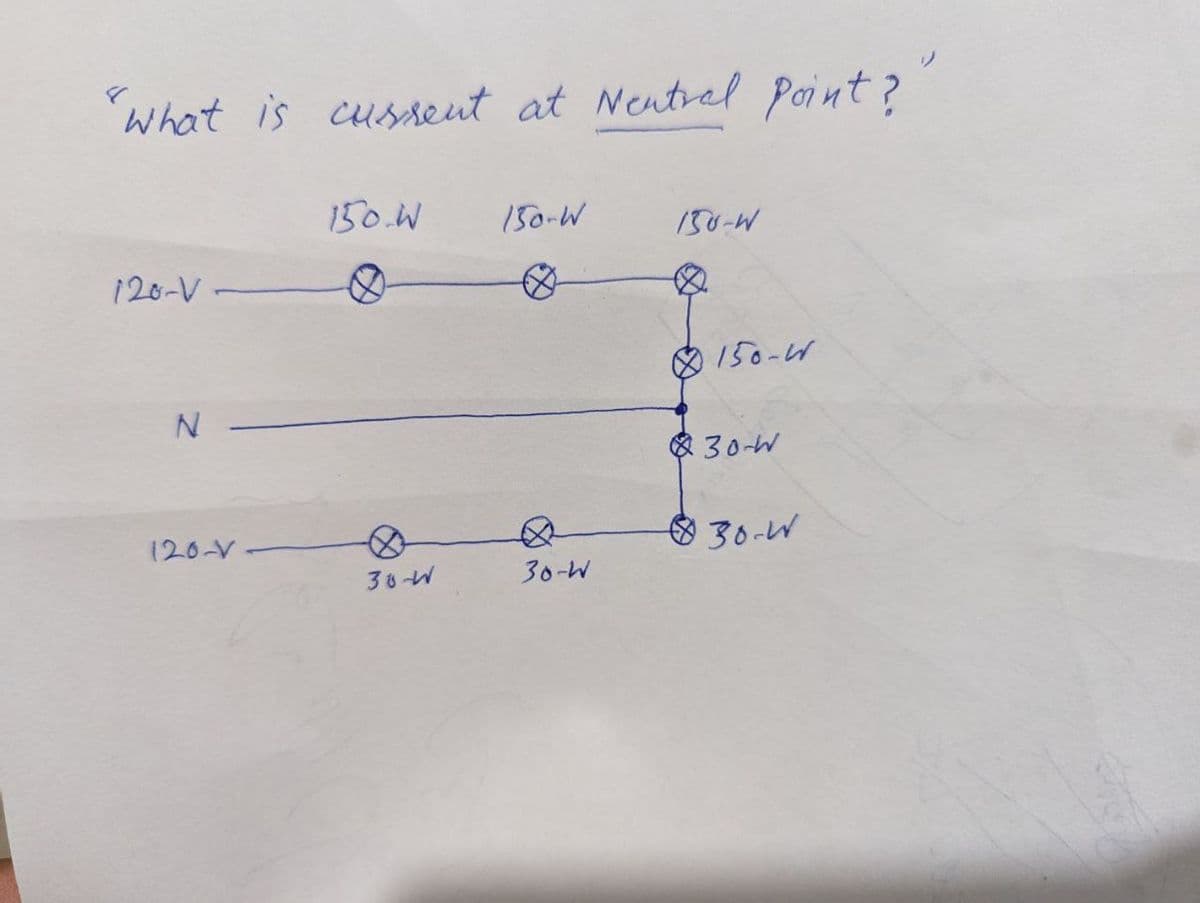What is current at Neutral Point?
150.W
150-W
150-W
120-V-
150-W
N-
30-W
120-V-
30-W
30-W
30-W