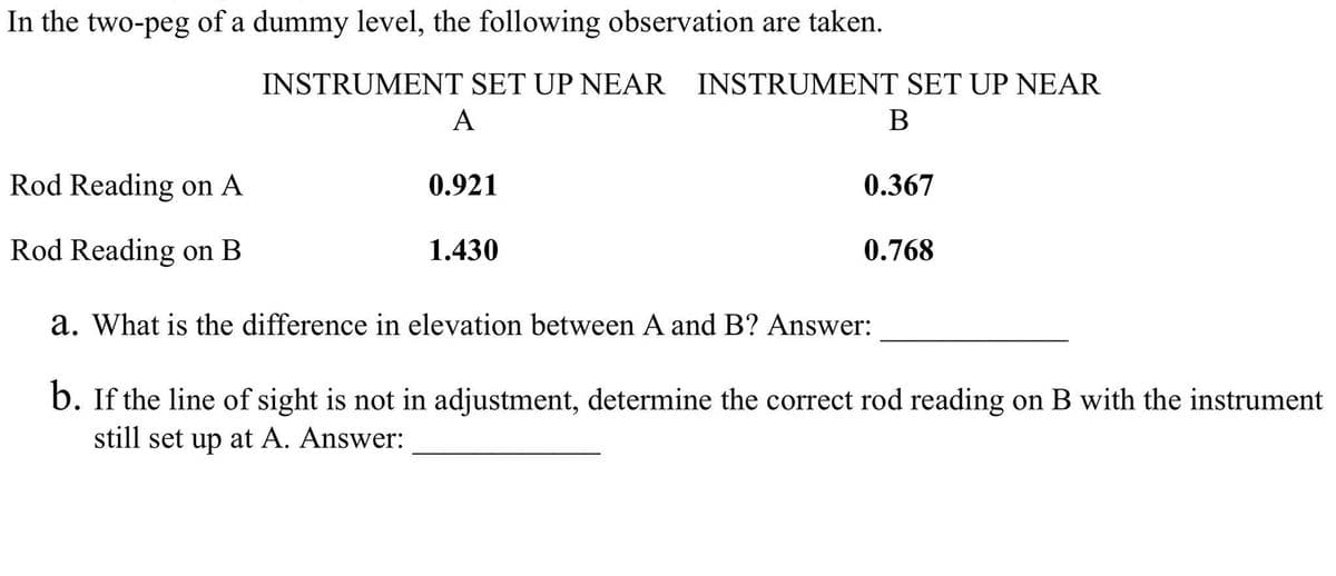 In the two-peg of a dummy level, the following observation are taken.
INSTRUMENT SET UP NEAR INSTRUMENT SET UP NEAR
А
В
Rod Reading on A
0.921
0.367
Rod Reading on B
1.430
0.768
a. What is the difference in elevation between A and B? Answer:
b. If the line of sight is not in adjustment, determine the correct rod reading on B with the instrument
still set up at A. Answer:
