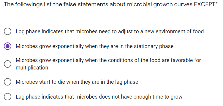 The followings list the false statements about microbial growth curves EXCEPT*
Log phase indicates that microbes need to adjust to a new environment of food
Microbes grow exponentially when they are in the stationary phase
Microbes grow exponentially when the conditions of the food are favorable for
multiplication
O Microbes start to die when they are in the lag phase
O Lag phase indicates that microbes does not have enough time to grow
