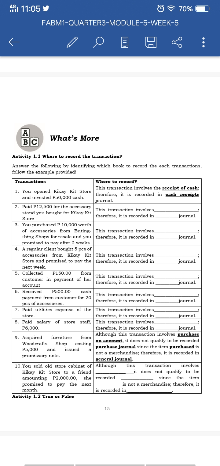 491 11:05
* 70%
FABM1-QUARTER3-MODULE-5-WEEK-5
A
BC
What's More
Activity 1.1 Where to record the transaction?
Answer the following by identifying which book to record the each transactions,
follow the example provided!
Transactions
Where to record?
This transaction involves the receipt of cash;
1. You opened Kikay Kit Store therefore, it is recorded in cash receipts
and invested P50,000 cash.
journal.
2. Paid P12,500 for the accessory This transaction involves
stand you bought for Kikay Kit
therefore, it is recorded in
journal.
Store
3. You purchased P 10,000 worth
of accessories from Buting- This transaction involves
thing Shops for resale and you therefore, it is recorded in
promised to pay after 2 weeks
4. A regular client bought 5 pcs of
accessories from Kikay Kit This transaction involves
Store and promised to pay the therefore, it is recorded in
journal.
journal.
next week.
5. Collected
customer in payment of her therefore, it is recorded in
P150.00
from
This transaction involves
journal.
account
6. Received
P500.00
cash
This transaction involves_
payment from customer for 20
pcs of accessories.
7. Paid utilities expense of the This transaction involves_
therefore, it is recorded in
journal.
therefore, it is recorded in
staff, This transaction involves
therefore, it is recorded in
store.
journal.
8. Paid salary of store
P6,000.
journal.
Although this transaction involves purchase
on account, it does not qualify to be recorded
purchase journal since the item purchased is
not a merchandise; therefore, it is recorded in
general journal.
9. Acquired
furniture
from
Woodcrafts
Shop
costing
issued
P5,000
and
a
promissory note.
10. You sold old store cabinet of Although
this
transaction
involves
Kikay Kit Store to a friend
amounting P2,000.00,
promised to pay the
it does not qualify to be
since
she recorded
the
item
next
is not a merchandise; therefore, it
month.
is recorded in
Activity 1.2 True or False
15
